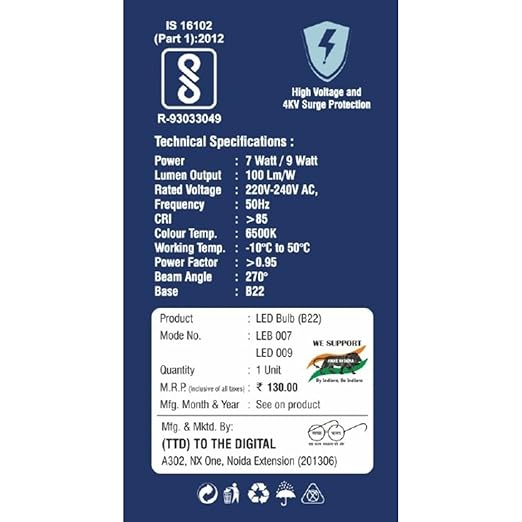TTD 9 watt LED Bulb Light (Pack of 1), 1 Year Warranty, BIS/LM-80 Certified, Call 8826686001 for Bulk Offers (Cool White Color)