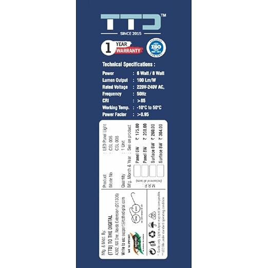 TTD 8 watt Round LED Panel Light (Pack of 1), 1 Year Warranty, 4 Inch Cut-Out, 4 Years Life* Call 8826686001 for Bulk Offers (Cool White Color)