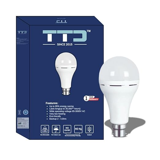 TTD 12 watt LED AC/DC Rechargeable Inverter Bulb (Pack of 2), 4 yeras life*, 1 Year Warranty, BIS/LM-80 Certified, Call 8826686001 for Bulk Offers (Cool White)