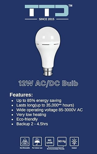TTD 12 watt LED AC/DC Rechargeable Inverter Bulb (Pack of 2), 4 yeras life*, 1 Year Warranty, BIS/LM-80 Certified, Call 8826686001 for Bulk Offers (Cool White)