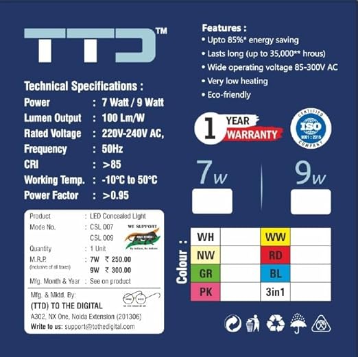 TTD 9 watt LED Concealed Down LED Light 4 inch Cut-Out (Pack of 10), 1 Year Warranty, BIS/LM-80 Certified, Call 8826686001 for Bulk Offers (Cool White Color)