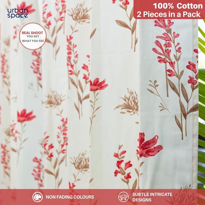 Cortina 2 Piece Leaf Design Panel Eyelet Polyester Door Curtain - 7-Feet, Brown