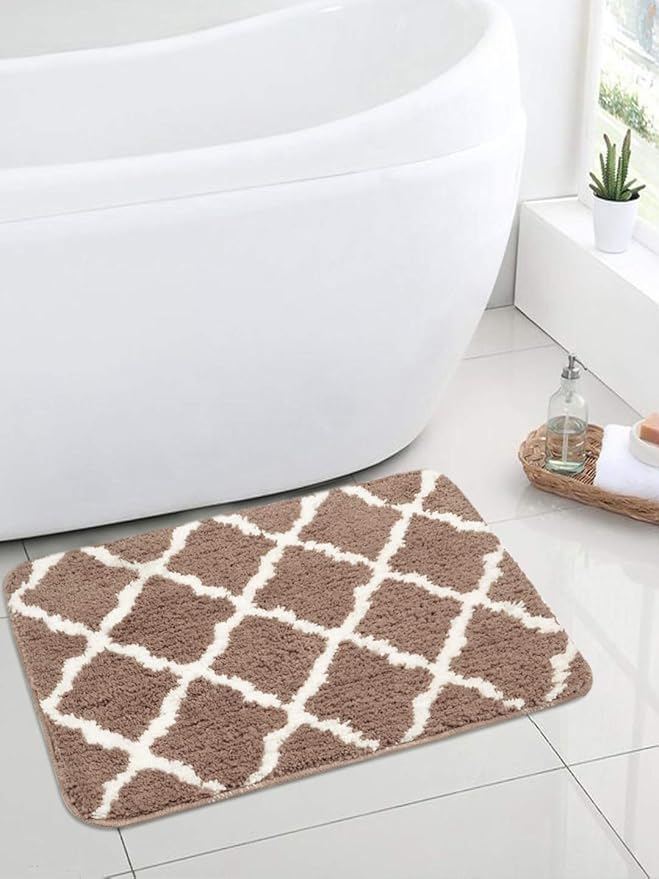 SARAL HOME EASY LIVING Soft Anti Slip Microfiber Geometric Bathmats|Bath Mats with Rubber Bottom|Water Absorbent Mats for Quick-Drying Mats for Kitchen Bathroom (45x70 cm, Beige, rectangular)