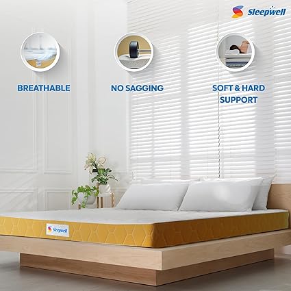 Sleepwell Dual Mattress | Reversible | High Density (HD) Foam | 6-inch Double Bed Size, Medium Soft & Hard (Orange,72x48X6)