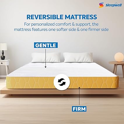 Sleepwell Dual Mattress | Reversible | High Density (HD) Foam | 6-inch Double Bed Size, Medium Soft & Hard (Orange,72x48X6)